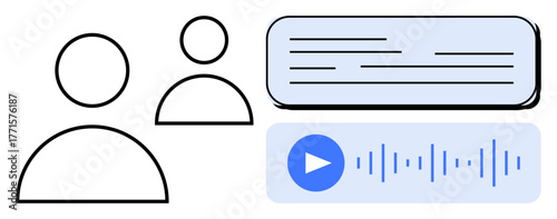 Minimalist line art of two users, audio waveform, play button, and chat bubble. Ideal for communication, messaging, user engagement, collaboration, networking technology simple flat metaphor