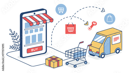 Illustration of online shopping with smartphone, delivery van, shopping cart and package design elements on transparent background silhouette