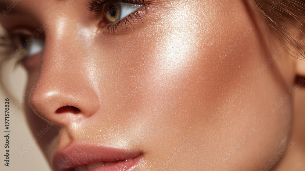 Naklejka premium Extreme close up of female face with highlighted cheekbone, smooth glowing skin, natural makeup, soft lips, and defined eye, showing healthy radiant complexion