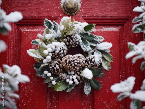 Winter Wreath Adorned with Pinecones and Holly Against a Snow-Dusted Red Door Festive Holiday Decoration