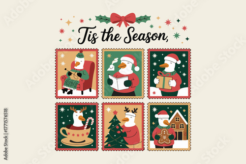 Whimsical christmas scenes collage "tis the season" festive holiday greeting card design for winter celebrations