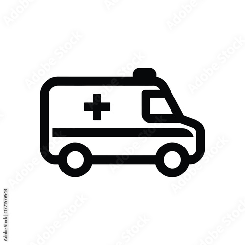 Black ambulance icon with cross on white background for medical emergency service