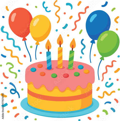 Isolated birthday cake icons, birthday cake with balloons and confetti, festive celebration dessert, editable vector cake art, party decoration buyers