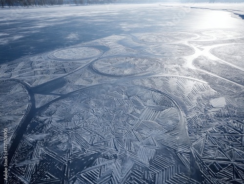 Abstract Circular and Geometric Ice Art on Wide Frozen Lake Winter Landscape Aerial View Complex Patterns Natural Ice Formations