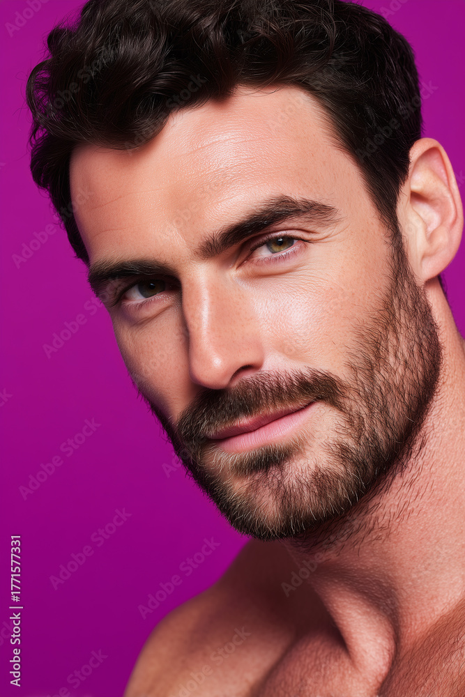 Obraz premium Close up portrait of man with clear complexion, dark hair, beard, and confident expression against vibrant purple background, showcasing healthy skin and masculine features