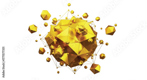 A 3D rendering of a large gold nugget exploding into smaller pieces against a white background with a cinematic feel and warm metallic tones.