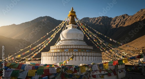 Shanti stupa in leh, ladakh, india, with prayer flags and mountains in background.