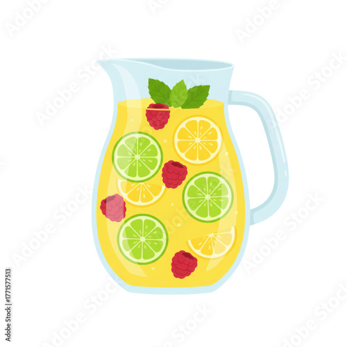 Fresh lemonade pitcher with lime, lemon, and raspberries  