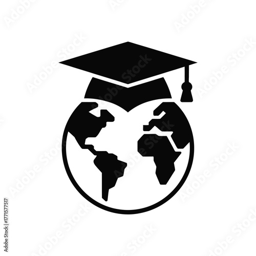 Global education icon black graduation cap on world map with white background