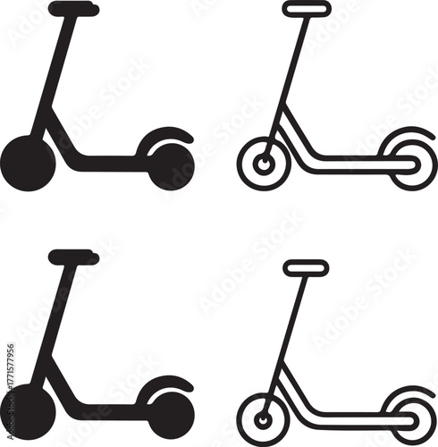 Isolated scooter icon set, black scooter vector, urban symbol, editable scooter icon, minimal solid black line outline design, electric or kick scooter for city, commute, and transport
