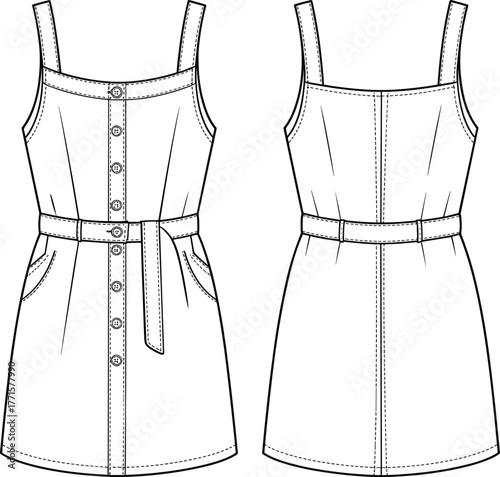 Sleeveless dress technical sketch, button-down front, belted waist, CAD fashion flat, vector illustration, garment design, seam detail, pockets