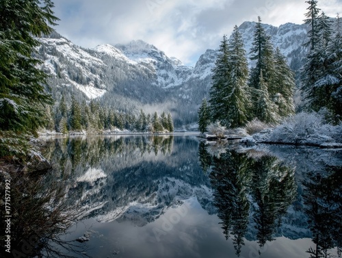 Vibrant Winter Lake Reflection Snow-Capped Peaks and Lush Evergreen Trees Sunny Landscape Tranquil Water Scene
