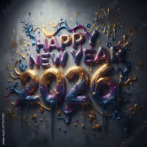 Happy New Year 2026 Festive Balloon Celebration with Fireworks