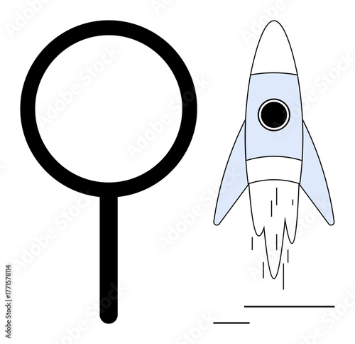 Black magnifying glass beside a blue rocket launching upward with motion lines. Ideal for exploration, innovation, growth, startup, research, progress, future concepts. A simple flat metaphor
