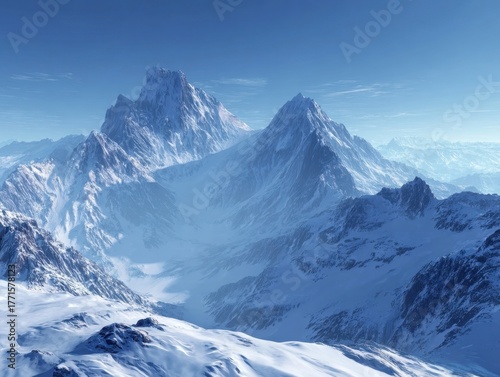 Vast Winter Mountain Range Serene Blue Sky Horizon Expansive Snow Covered Peaks Icy Slopes Calm Alpine Landscape Cold Wilderness Natural Beauty Grand Outdoors
