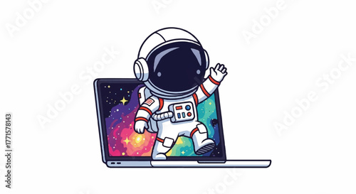 Illustration of an astronaut emerging from a laptop with a colorful galaxy background on the screen in a playful composition.