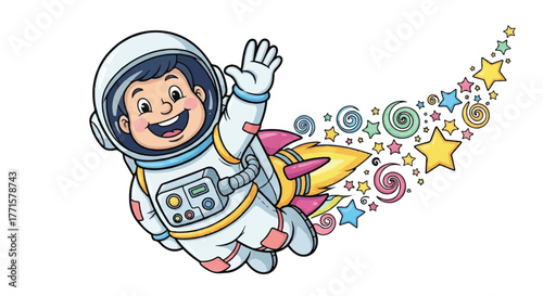 Cartoon astronaut waving with colorful stars and planets trailing behind in a white space suit against a plain white background.