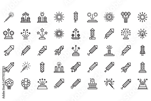 Collection of firework icons isolated on white background, featuring various types of pyrotechnics, rockets, and explosions for festive celebrations and events