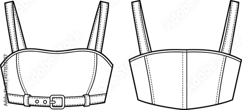 Women crop top fashion design, CAD drawing flat vector illustration of stylish strappy bustier top with belt and seams details
