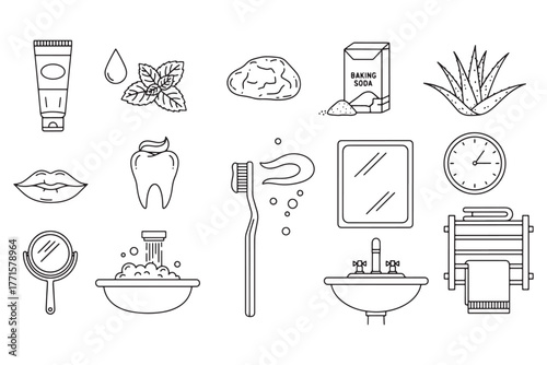 Line art illustration of bathroom essentials isolated on white background for personal hygiene and daily routine, promoting cleanliness and selfcare habits