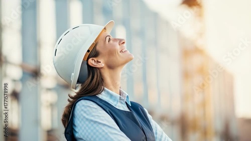 Female engineer construction hard hat safety vest site portrait smiling warmly as she looks up urban building during golden hour, confident female