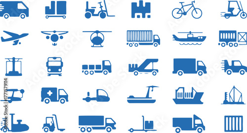 Commercial Vehicles Silhouette Icon Set – Container, Pallet, Forklift, Plane, Drone, Helicopter, Ship, Train, Cargo Truck, Warehouse, Solid Vector Pictograms