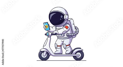 An astronaut rides a scooter while holding a smartphone against a clean white background with a futuristic and playful mood.