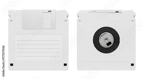 Two floppy disks front and back views isolated on transparent background