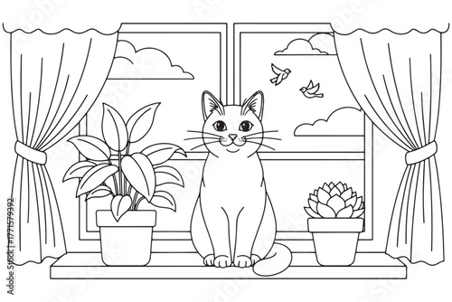 Cat sitting on a windowsill with plants isolated on white background, creating a cozy and serene scene of domestic tranquility and feline companionship