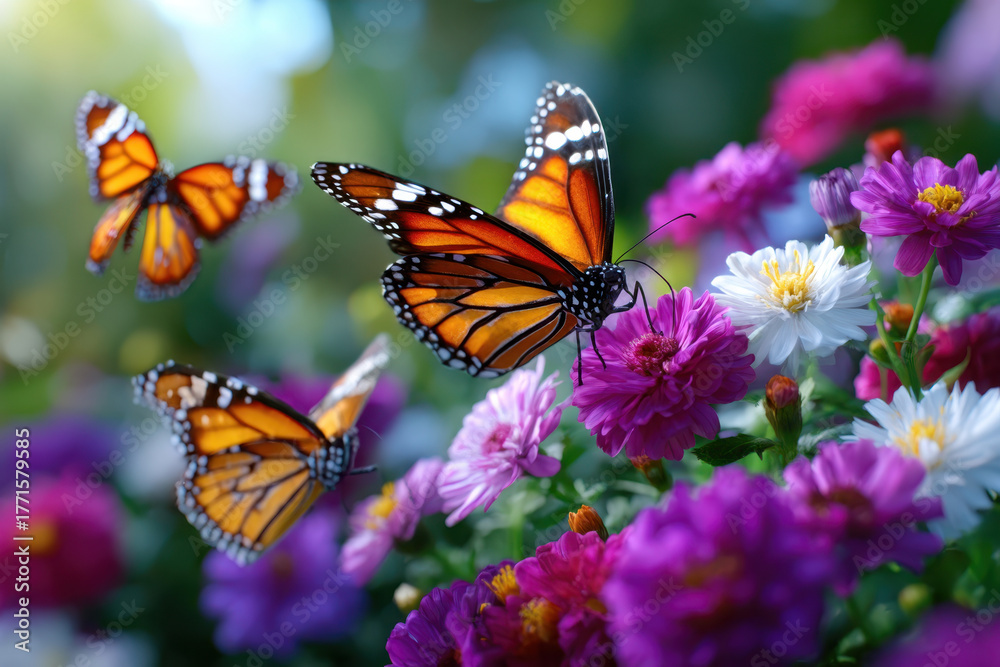 Fototapeta premium Colorful butterflies flutter among blooming flowers in a vibrant garden at midday