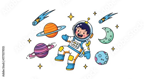 Cartoon illustration of a smiling astronaut surrounded by planets, moons, stars, and spaceships in a colorful, whimsical space scene.