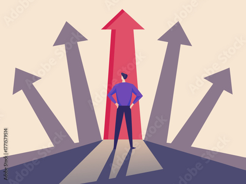 Man stands at a crossroads choosing the correct path forward with multiple arrows indicating different directions