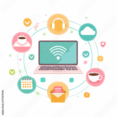 A modern flat design concept illustrating the ecosystem of a connected digital life, showcasing online communication, productivity tools, and internet services
