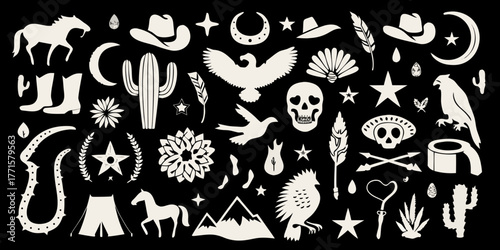 Collection of western and native american inspired icons and symbols on a black background