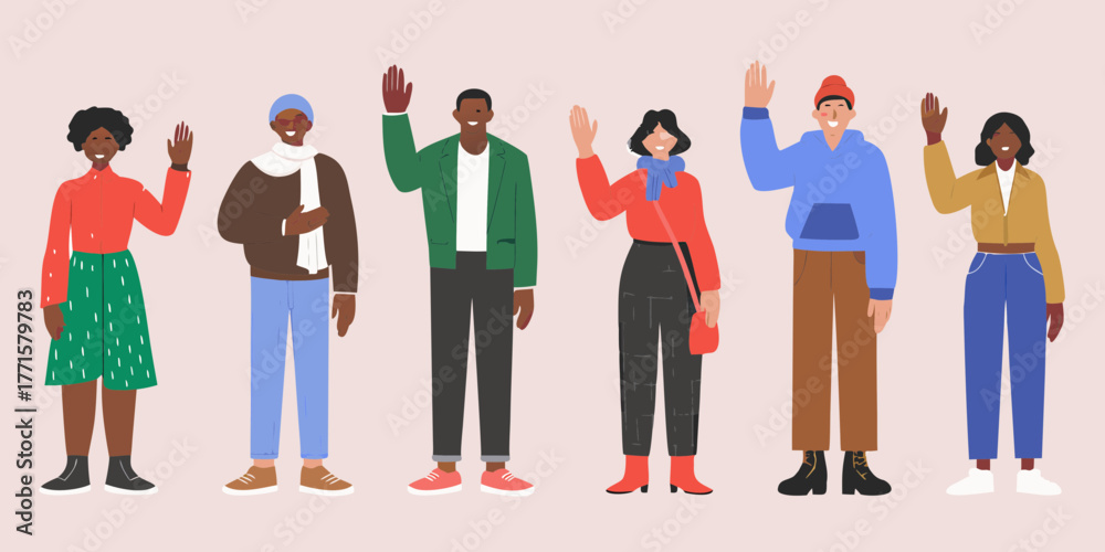 Fototapeta premium Diverse group of people waving hello with friendly smiles and casual clothing against a plain background