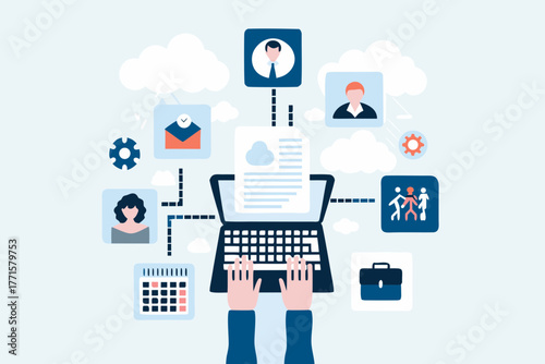 Digital workflow and human resources management with a laptop and connected icons