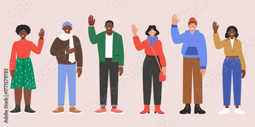 Diverse group of people waving hello with friendly smiles and casual clothing against a plain background