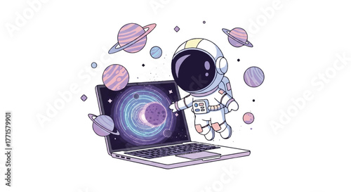 Astronaut in a white spacesuit interacting with a laptop displaying a galaxy against a colorful planetary background with a vibrant and playful mood.