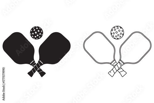 Two pickleball paddles crossed, accompanied by a ball, symbolize the sports action and fun, isolated on white background