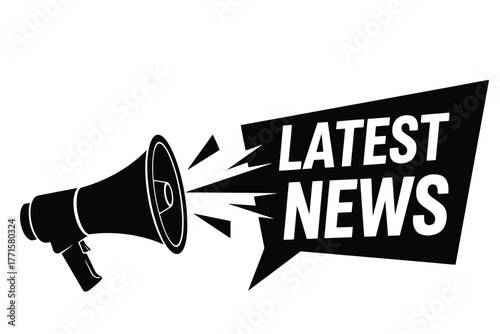A black and white illustration of a megaphone announcing latest news isolated on white background, perfect for announcements and updates