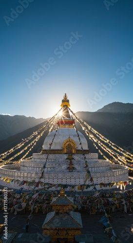 Scenic view of boudhanath stupa with prayer flags in kathmandu, nepal, at sunrise.