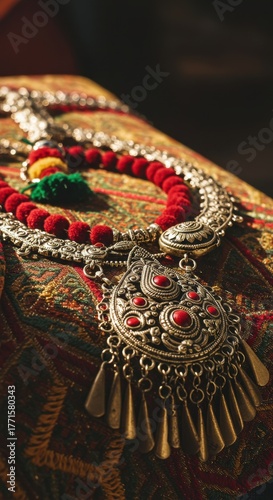 Close up of a silver necklace with red beads and a large pendant on patterned fabric.