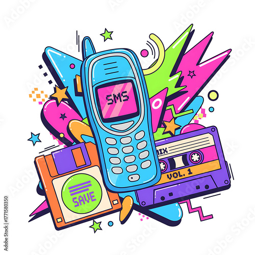 illustration of retro tech with colorful background