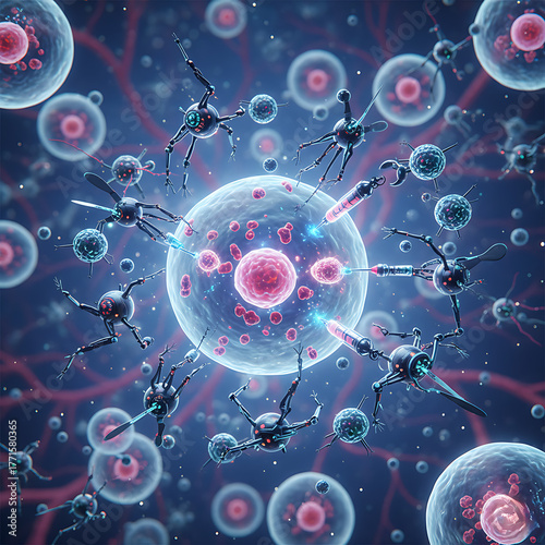 Futuristic nanobots repairing human cells – advanced medical nanotechnology concept