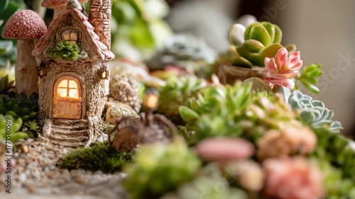 Miniature fairy garden with house bridge plants and mushrooms