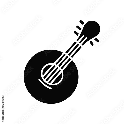 Black and white bouzouki icon, stringed instrument illustration on white background