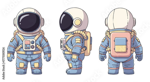 Illustration of three cartoon astronaut characters in different poses wearing blue and orange space suits on a white background.