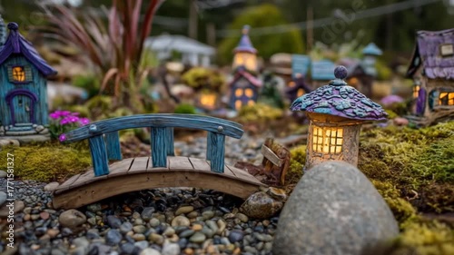 Miniature fairy garden scene with charming houses and a wooden bridge