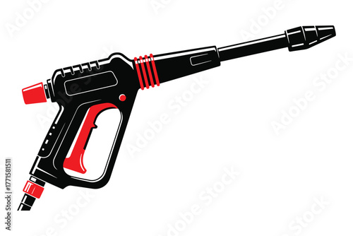 Illustration of a black and red pressure washer gun isolated on white background, commonly used for cleaning cars, patios, and other outdoor surfaces