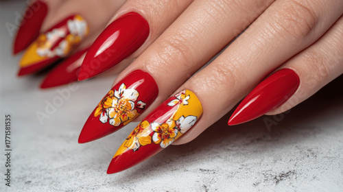 Stunning Red Stiletto Manicure with Hand-Painted Flowers